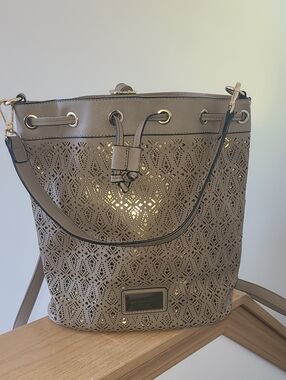 Marc New York Laser-Cut Taupe Bucket Shoulder Bag with Drawstring